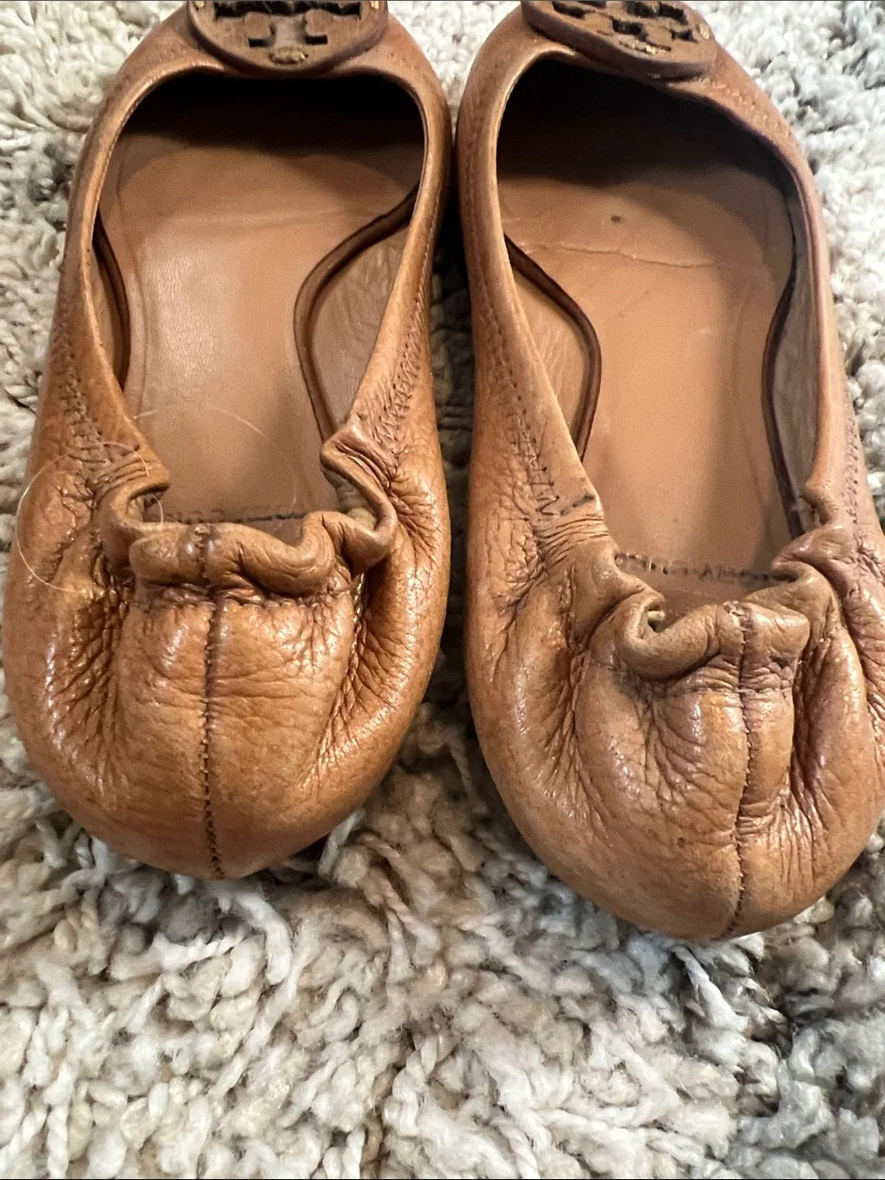 TORY BURCH Cognac Leather Logo Ballet Flats